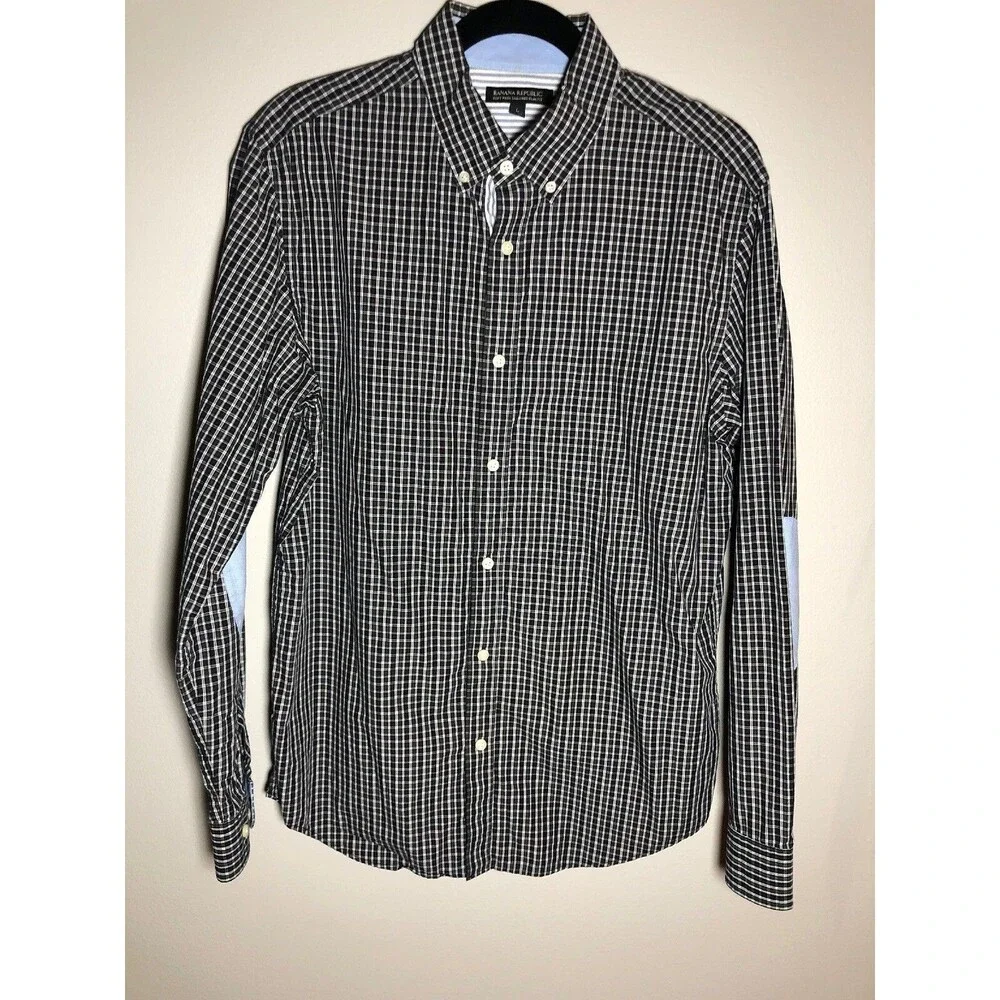 Banana Republic Soft Wash Tailored Slim Fit Shirt Large L Black Checkered Plaid